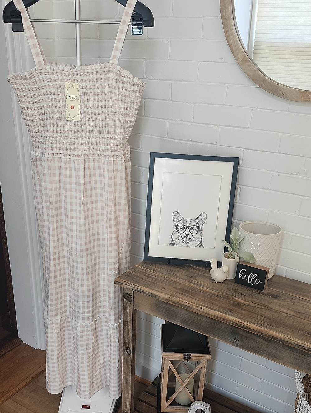 Light Beige Gingham Smocked Maxi Dress, Xxl
